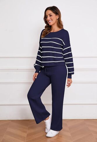 Pink Queen Two Piece Outfits for Women Lounge Sets Striped Knitted Sweater Tops Wide Leg Pants Loungewear Fall 2024 in Saudi Arabia