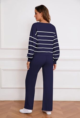 Pink Queen Two Piece Outfits for Women Lounge Sets Striped Knitted Sweater Tops Wide Leg Pants Loungewear Fall 2024 in Saudi Arabia