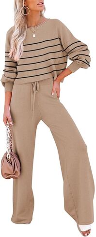 Pink Queen Two Piece Outfits for Women Lounge Sets Striped Knitted Sweater Tops Wide Leg Pants Loungewear Fall 2024 in Kuwait