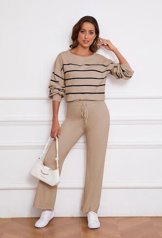 Pink Queen Two Piece Outfits for Women Lounge Sets Striped Knitted Sweater Tops Wide Leg Pants Loungewear Fall 2024 in Kuwait