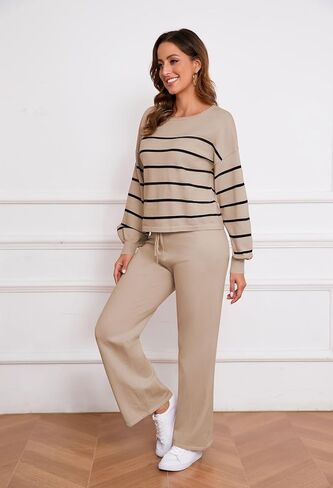 Pink Queen Two Piece Outfits for Women Lounge Sets Striped Knitted Sweater Tops Wide Leg Pants Loungewear Fall 2024 in Kuwait