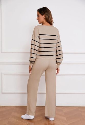 Pink Queen Two Piece Outfits for Women Lounge Sets Striped Knitted Sweater Tops Wide Leg Pants Loungewear Fall 2024 in Kuwait