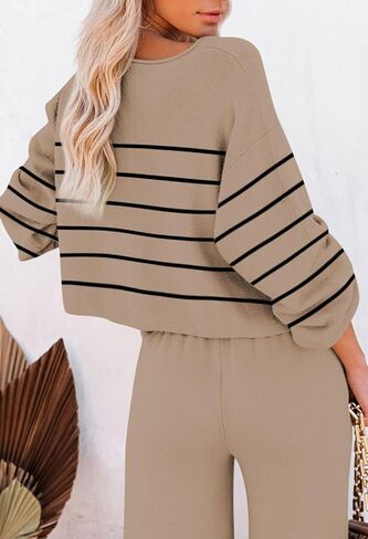 Pink Queen Two Piece Outfits for Women Lounge Sets Striped Knitted Sweater Tops Wide Leg Pants Loungewear Fall 2024 in Kuwait