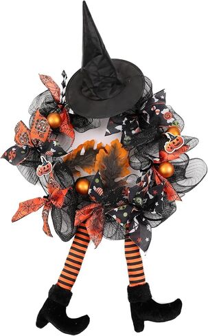 FLASH WORLD 18 inch Witch Halloween Wreath, Hat Legs Pumpkin Door Decorations, Artificial Handmade Wreath for Front Door or Indoor Wall Décor to Celebrate Halloween (Orange) in Saudi Arabia