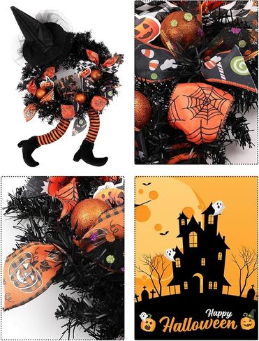 FLASH WORLD 18 inch Witch Halloween Wreath, Hat Legs Pumpkin Door Decorations, Artificial Handmade Wreath for Front Door or Indoor Wall Décor to Celebrate Halloween (Orange) in Saudi Arabia