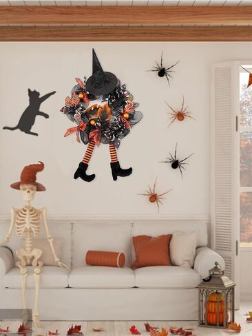 FLASH WORLD 18 inch Witch Halloween Wreath, Hat Legs Pumpkin Door Decorations, Artificial Handmade Wreath for Front Door or Indoor Wall Décor to Celebrate Halloween (Orange) in Saudi Arabia