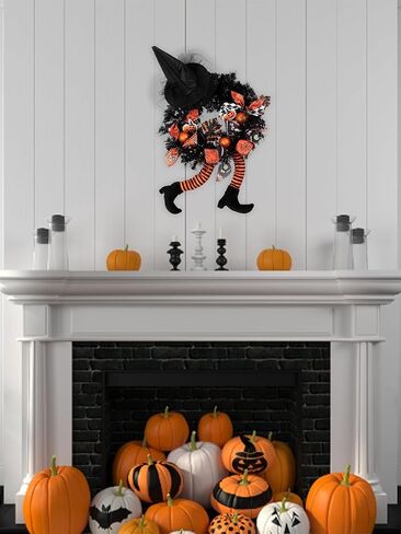 FLASH WORLD 18 inch Witch Halloween Wreath, Hat Legs Pumpkin Door Decorations, Artificial Handmade Wreath for Front Door or Indoor Wall Décor to Celebrate Halloween (Orange) in Saudi Arabia