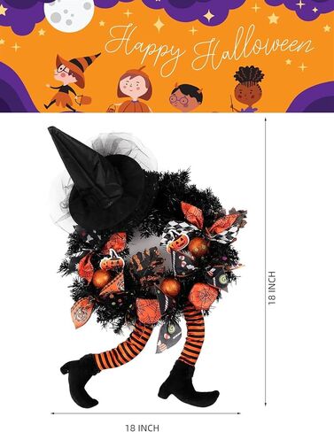 FLASH WORLD 18 inch Witch Halloween Wreath, Hat Legs Pumpkin Door Decorations, Artificial Handmade Wreath for Front Door or Indoor Wall Décor to Celebrate Halloween (Orange) in Saudi Arabia