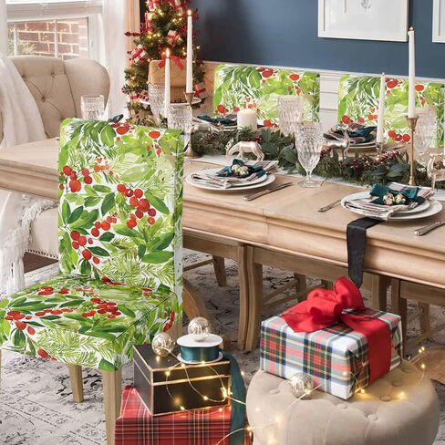 Horaldaily 4PCS Christmas Dining Chair Covers,Holly Stretch Removable Washable Slipcover Chair Protector for Dining Room Home Decor in Saudi Arabia