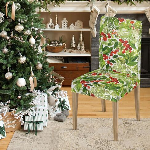 Horaldaily 4PCS Christmas Dining Chair Covers,Holly Stretch Removable Washable Slipcover Chair Protector for Dining Room Home Decor in Saudi Arabia