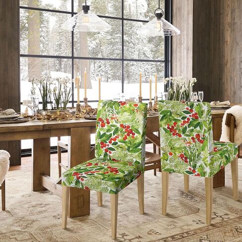 Horaldaily 4PCS Christmas Dining Chair Covers,Holly Stretch Removable Washable Slipcover Chair Protector for Dining Room Home Decor in Saudi Arabia