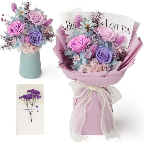 Preserved Flowers Bouquet,Christmas Rose Flowers with Gift Box,Birthday Gifts for Women,Purple Rose Bouquets Last 3-5 Years Forever Flowers for Christmas,Thanksgiving,New Year,Valentines,Mothers in Saudi Arabia