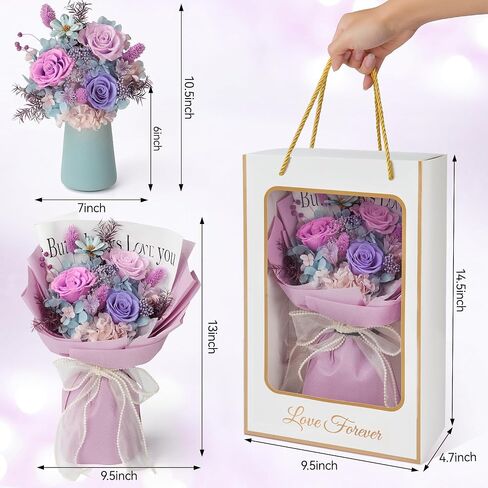 Preserved Flowers Bouquet,Christmas Rose Flowers with Gift Box,Birthday Gifts for Women,Purple Rose Bouquets Last 3-5 Years Forever Flowers for Christmas,Thanksgiving,New Year,Valentines,Mothers in Saudi Arabia