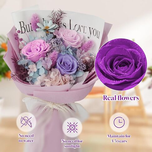 Preserved Flowers Bouquet,Christmas Rose Flowers with Gift Box,Birthday Gifts for Women,Purple Rose Bouquets Last 3-5 Years Forever Flowers for Christmas,Thanksgiving,New Year,Valentines,Mothers in Saudi Arabia