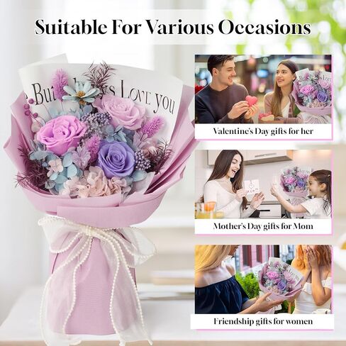 Preserved Flowers Bouquet,Christmas Rose Flowers with Gift Box,Birthday Gifts for Women,Purple Rose Bouquets Last 3-5 Years Forever Flowers for Christmas,Thanksgiving,New Year,Valentines,Mothers in Saudi Arabia