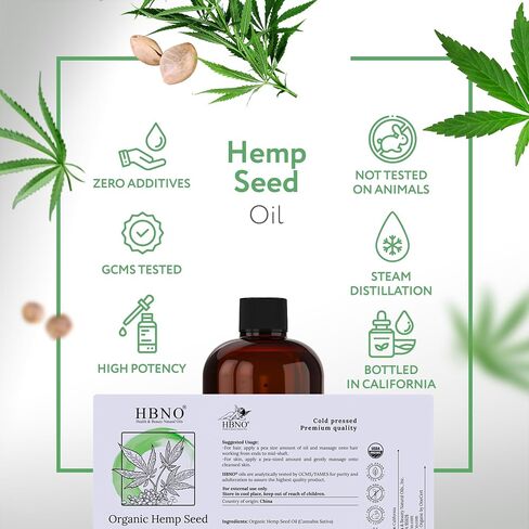 زيت بذور القنب العضوي من HBNO - حجم اقتصادي 16 أونصة (475 مل) - زيت قنب طبيعي، معصور على البارد - زيت ناقل مثالي للتدليك والعلاج العطري والصناعات اليدوية وصناعة الصابون والوجه والجسم والشفاه والشعر والأظافر in Kuwait