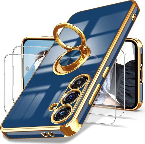 Dretal for Samsung Galaxy S23 FE 5G Case, 2X Tempered Glass Screen Protector, 360° Rotatable Ring Holder Magnetic Kickstand,Plated Gold Edge Slim Soft TPU Protective Phone Case Cover (Purple) in Saudi Arabia