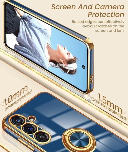 Dretal for Samsung Galaxy S23 FE 5G Case, 2X Tempered Glass Screen Protector, 360° Rotatable Ring Holder Magnetic Kickstand,Plated Gold Edge Slim Soft TPU Protective Phone Case Cover (Purple) in Saudi Arabia