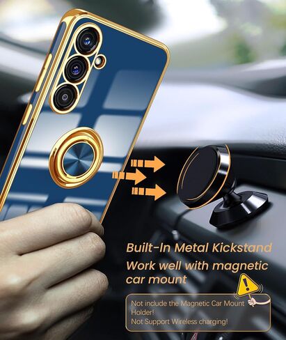 Dretal for Samsung Galaxy S23 FE 5G Case, 2X Tempered Glass Screen Protector, 360° Rotatable Ring Holder Magnetic Kickstand,Plated Gold Edge Slim Soft TPU Protective Phone Case Cover (Purple) in Saudi Arabia