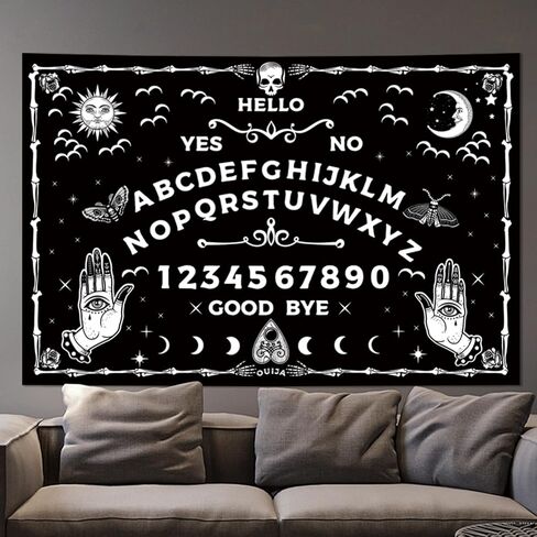 Honcet Halloween القوطية Ouija Board نسيج أبيض وأسود، التارو رعب العين الشريرة الساحرة الشمس القمر الجمجمة نسيج الجدار شنقا، نسيج غامض مخيف لغرفة النوم وغرفة المعيشة 24 "× 36" in Kuwait