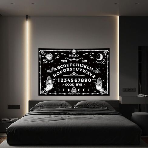 Honcet Halloween القوطية Ouija Board نسيج أبيض وأسود، التارو رعب العين الشريرة الساحرة الشمس القمر الجمجمة نسيج الجدار شنقا، نسيج غامض مخيف لغرفة النوم وغرفة المعيشة 24 "× 36" in Kuwait