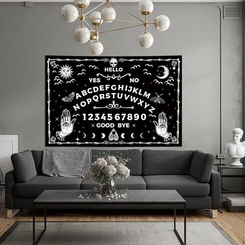 Honcet Halloween القوطية Ouija Board نسيج أبيض وأسود، التارو رعب العين الشريرة الساحرة الشمس القمر الجمجمة نسيج الجدار شنقا، نسيج غامض مخيف لغرفة النوم وغرفة المعيشة 24 "× 36" in Kuwait