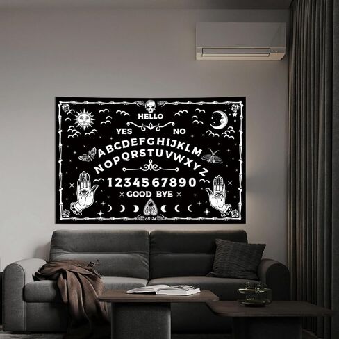 Honcet Halloween القوطية Ouija Board نسيج أبيض وأسود، التارو رعب العين الشريرة الساحرة الشمس القمر الجمجمة نسيج الجدار شنقا، نسيج غامض مخيف لغرفة النوم وغرفة المعيشة 24 "× 36" in Kuwait