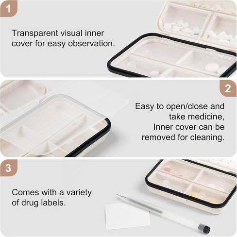 Travel Pill Organizer Box with Medicine Labels, 2Pack 7 Compartments Portable Pill Case, Daily Medication Organizer Storage Pill Container for Pocket Pharmacy(Pearly White S+L 2Pack) in Kuwait