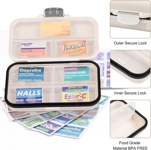 Travel Pill Organizer Box with Medicine Labels, 2Pack 7 Compartments Portable Pill Case, Daily Medication Organizer Storage Pill Container for Pocket Pharmacy(Pearly White S+L 2Pack) in Kuwait