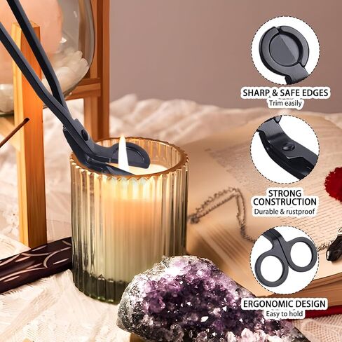 مجموعة إكسسوارات شموع 2 في 1، ولاعات لتشذيب فتيل الشموع، أداة تشذيب فتيل الشموع، مطفأة الشموع العتيقة، غطاسة فتيل الشموع لمحبي الشموع (أسود) in Kuwait