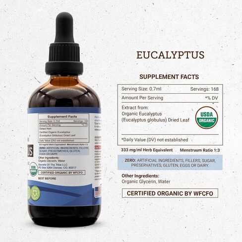 Eucalyptus USDA Organic | Alcohol-Free Extract, High-Potency Herbal Drops | Made from 100% Certified Organic Eucalyptus (Eucalyptus globulus) Dried Leaf (2 oz) in Saudi Arabia