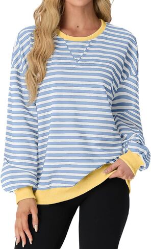 Women Sweatshirt Striped Crew Neck Oversized Long Sleeve Sweatshirt Color Block Loose Pullover in Saudi Arabia