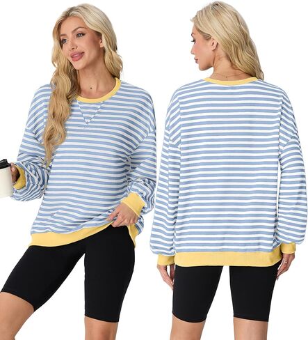 Women Sweatshirt Striped Crew Neck Oversized Long Sleeve Sweatshirt Color Block Loose Pullover in Saudi Arabia