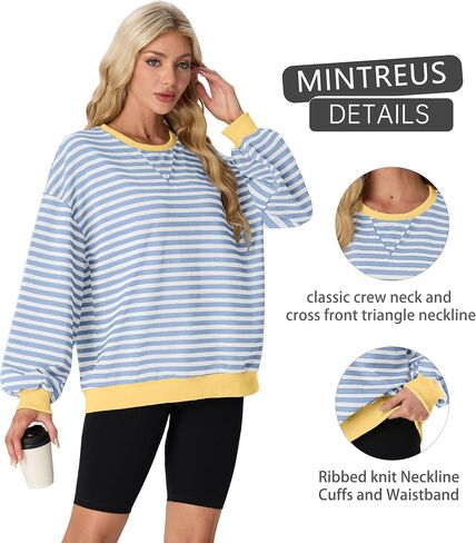 Women Sweatshirt Striped Crew Neck Oversized Long Sleeve Sweatshirt Color Block Loose Pullover in Saudi Arabia