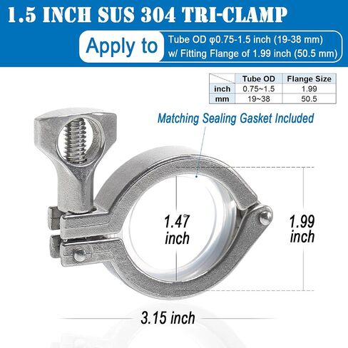 5 Pack 1.5 inch Tri Clamp with 6 Silicone Gasket, 304 Stainless Steel Heavy Duty Sanitary Clamp Clover, Single Pin Quick Fitting Tri Clamps with Wing Nut for TC Ferrule, TC Reducer (13MHHM3P) in Saudi Arabia
