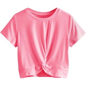 Milumia Girl's Casual Twist Hem Short Sleeve Round Neck Crop Top Tee Shirt Army Green 11-12 Years
