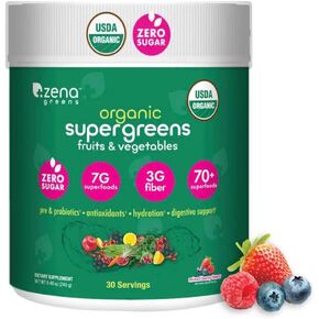 Zena Organic SuperGreens Powder | 70+ Superfood Ingredients | Alfalfa, Spirulina, Chlorella, Fruits, Veggies | Antioxidant, Digestive Support, Pre & Probiotics | 3G of Fiber | Zero Sugar | 30 Servings