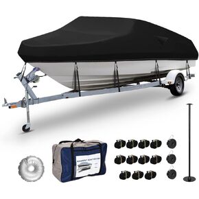 Boat Cover 20-22 ft Heavy Duty 600D Waterproof Trailerable Boat Covers UV Resistant Marine Grade Mooring Cover with Support Pole for V-Hull Boat Runabouts,Tri-Hull,Bass Boat 20'-22',Black