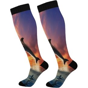 Kigai Dolphin Compression Socks for Women Men, Circulation Knee High Stockings for Running Cycling Medical