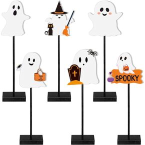 6 Pcs Halloween Standing Table Decor Cute Ghost Wooden Signs Halloween Tiered Tray Decorations Ghost Table Centerpiece Tall Block Sign for Halloween Party Home Room Decor