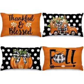 GEEORY Fall Decorative Throw Pillow Covers 18 x 18 Inch Set of 4, Pumpkins Thankful Blessed Buffalo Plaid Fall Decor Outdoor Farmhouse Pillow Cases for Home Couch (Orange Color) G337-18