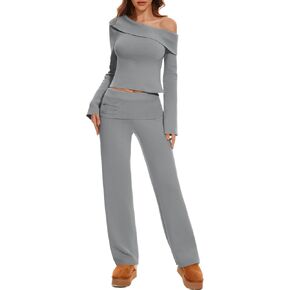 Lounge Sets for Women 2 Piece Off Shoulder Cropped Sweater Wide Leg Pants Knit Sets Casual Y2K Outfits