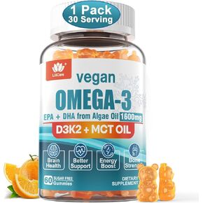 Vegan Omega3 Gummies 1280mg- from Marine Algae Oil w/EPA 600mg & DHA 400mg, Vitamin D3, K2 & MCT Oil, No Fish Taste, Sugar Free Omega 3 Fish Oil Alternative, for Brain, Eye, Immunity, 2 Pack