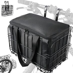 Folding Bike Basket for Front/Rear, Metal Bicycle Basket with Removable Liner Bag, 44lbs Capacity Bicycle Baskets for Adult Bikes Carrying Pet & Grocery, Hook-Height-Adjustable