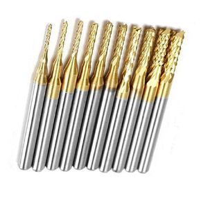 10Pcs End Mill Sets,Titanium Coat Carbide CNC Router Burrs End Milling Engraving Bits from 0.8~3.175mm 1/8" Shank for PCB Circuit Board Plastic Fiber Wood Copper