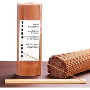 Incense Sticks, Natural Sandalwood Scent, 500pcs Handmade Incense Stick with 2 Incense Holders, 30-40mins No Chemicals Joss Sticks for Relaxing, Stress Relief, Sleeping, Meditation, Energising