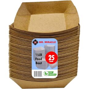Mr Miracle Paper Food Trays, Kraft Paper. Extra Small (1/2 LB). 25 Pack, Disposable, Recyclable Serving Boats.For Condiments, Snacks & Concession Food, Grease Ressistant