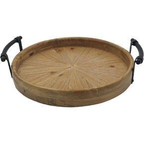 Rustic Round Wooden Decorative Tray with Metal Handles, Multi-Purpose Ottoman Tray, Farmhouse Serving Tray for Coffee Table, Kitchen or Living Room
