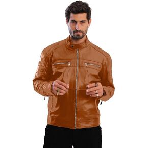 TAC THE AMERICAN COMPANY 100% REAL LAMBSKIN LEATHER MEN'S JACKET BIKER STYLE HEAVY COAT REGULAR & BIG SIZE