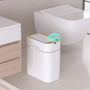 ELPHECO 2.5 Gallon Garbage Can with Buckle-up Latches, Motion Sensor Trash Can with Buckling Latches for Bathroom, Living Room, Office, Bedroom, 2 AA Batteries (Excluded)，White,
